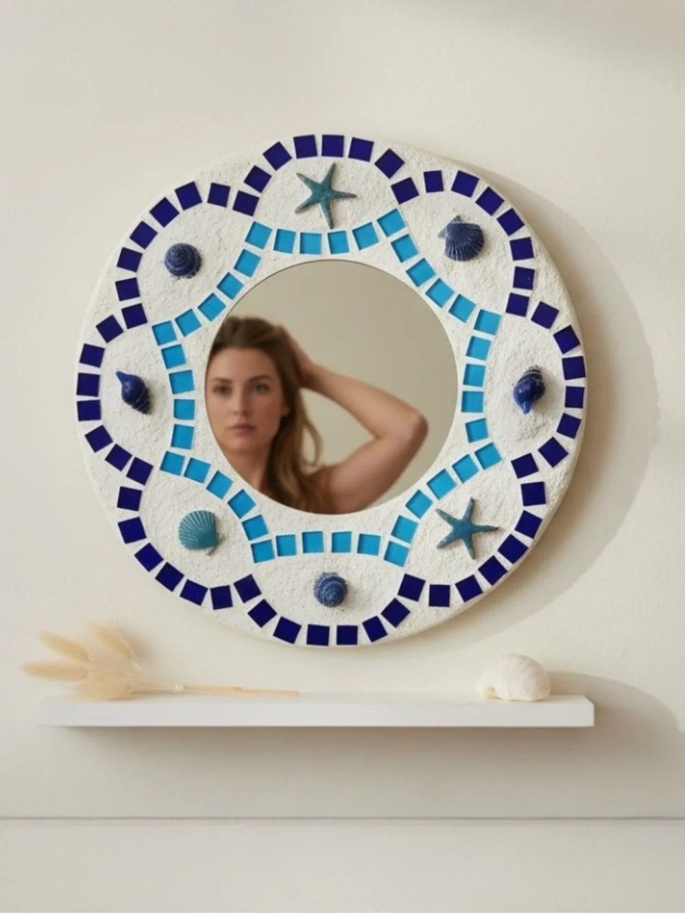 Coastal Mosaic Mirror Seashell Starfish Blue Tile Beach Decor Round Wall Art 12”